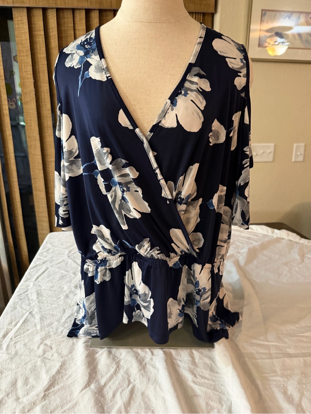 VENUS Navy Floral Faux-Wrap Peplum Top